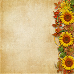 Vintage background with a border of beautiful autumn bouquet with copy space
