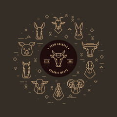 Circular vector set of heads of farm animals that are great for illustrations, infographics and logos of stores or other businesses. Icons isolated on a dark background.