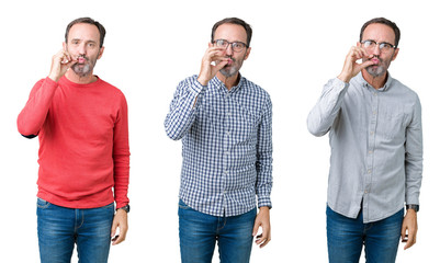 Collage of handsome senior man over white isolated background mouth and lips shut as zip with fingers. Secret and silent, taboo talking