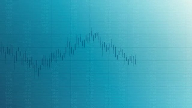 Pan shot of abstract financial chart with moving Candlesticks graph and number on blue color background