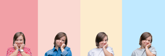 Obraz premium Collage of down syndrome woman over colorful stripes isolated background looking stressed and nervous with hands on mouth biting nails. Anxiety problem.