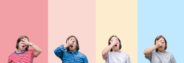 Obraz premium Collage of down syndrome woman over colorful stripes isolated background peeking in shock covering face and eyes with hand, looking through fingers with embarrassed expression.