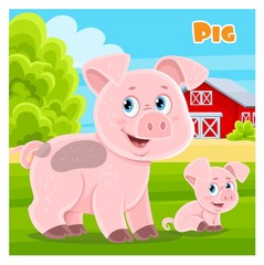 Cute cartoon pig on a farm background