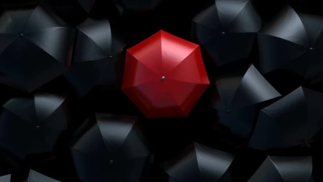 Red Umbrella Wades Through a Flow of Black Umbrellas, Leader in the Crowd Concept. Beautiful 3d Animation, 4K Ultra HD 3840x2160