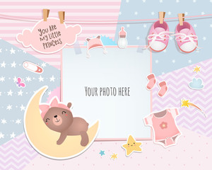 Baby girl shower card. Teddy bear. Arrival card with place for your photo.