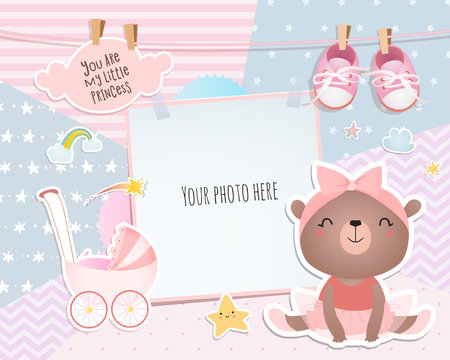 Baby girl shower card. Teddy bear. Arrival card with place for your photo.