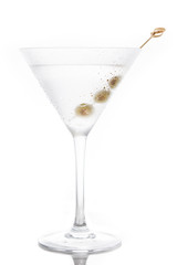 Classic Dry Martini with olives isolated on white background
