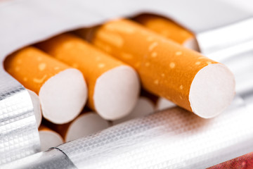 Cigarettes in a pack closeup on white background. Smoking tobacco. Bad habit.
