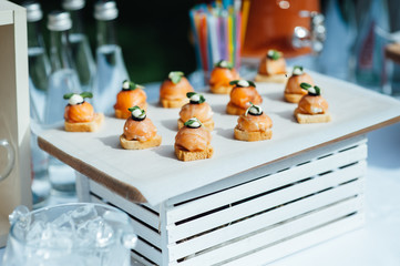catering services background with snacks on guests table outdoor wedding party