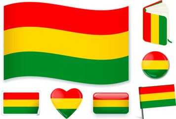 Bolivia. Bolivian flag wave, book, circle, pin, button, heart and sticker.