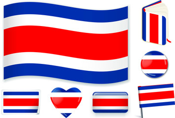 Costa Rica flag wave, book, circle, pin, button, heart and sticker.