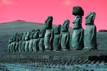 Pop art surreal styled huge Moai statues of Ahu Tongariki, Easter Island, Chile, South America