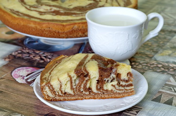 Zebra sponge cake and a Cup of milk