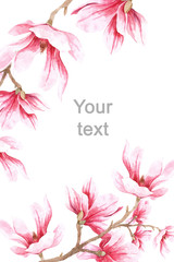 floral wedding invitation with magnolia flowers. hand-drawn wreath of pink watercolor Magnolia flowers. Ideal for postcards, posters, printing, for illustrations of the spring. Place for text