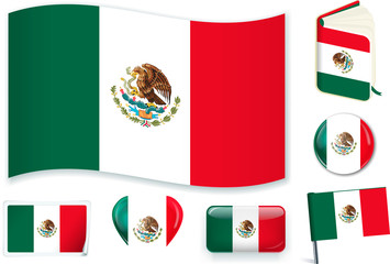 Mexico. Mexican flag wave, book, circle, pin, button, heart and sticker.