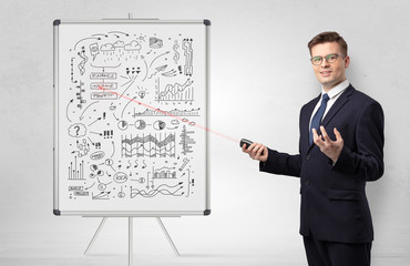 Professor with laser pointer teaching business theories  
