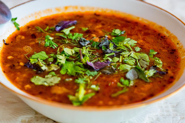 Traditional Georgian soup Kharcho with greenery in plate close