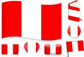 Peru flag wave, book, circle, pin, button, heart and sticker.