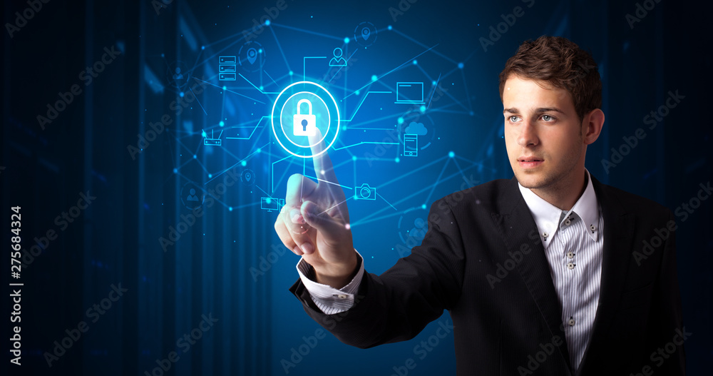 Aufkleber Man touching hologram projection displaying cloud system 
