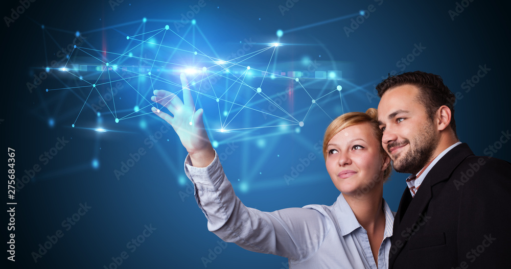 Aufkleber Man and woman touching hologram screen displaying modern web system
