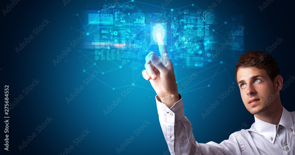 Aufkleber Man accessing modern hologram personal database with fingerprint identification