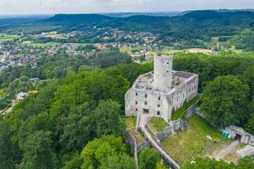 Aerial view of Lipowiec castle.. Historic castle Lipowiec and antique building museum. The ruins of the top of the mountain. Summer time.
