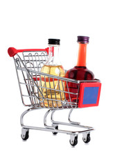 Metal cart whit bottle from store on a white background
