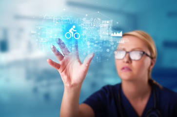 Doctor touching hologram screen displaying healthcare running symbols
