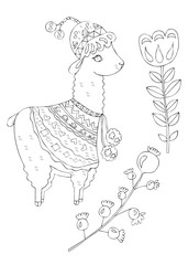Illustration of a black ink drawing of an animal alpaca among flowers and plants on an isolated white background.