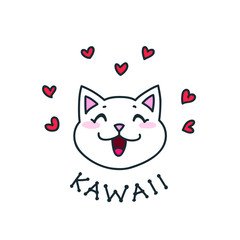 Kawaii. Illustration of cute white cat face with red hearts isolated on white background. Vector 8 EPS.