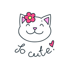 So cute! Illustration of cute white cat face with a flower isolated on white background. Vector 8 EPS.