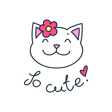 So cute! Illustration of cute white cat face with a flower ...
