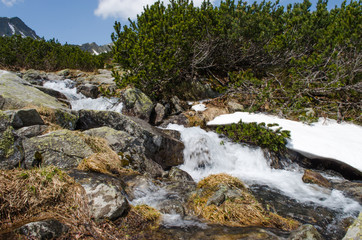 A stream in the mountains flows along the rocks and a stormy waterfall