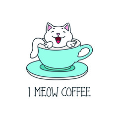 I meow coffee. Kawaii illustration of a happy cat sitting in a coffee cup isolated on white background. Vector 8 EPS.