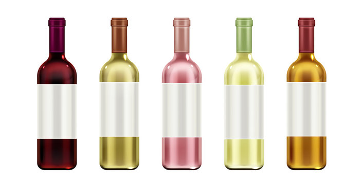 Wine bottles mock up set isolated on white background. Glass flasks with blank label and cork for red, white and rose alcohol vine drinks, design elements. Realistic 3d vector illustration, clip art