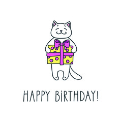 Happy Birthday! Cute white cat with a gift isolated on white. Doodle vector illustration for birthday poster or card. Vector 8 EPS