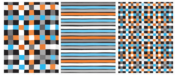 Set of 3 Simple Hand Drawn Vector Patterns with Horizontal Stripes and Grid. Irregular Infantile Style Geometric Repeatable Design. Blue, White, Gray and Orange Lines Isolated on a Black Background.