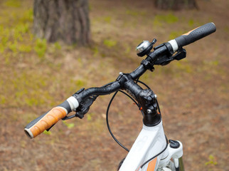 Bicycle steering wheel on a blurred background of grass and tree trunks.