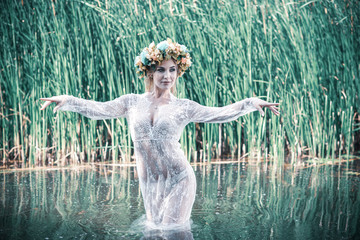 Fairy tales and folklore, image of the drowned Ophelia river maiden or mavka, Slavic and European tale 
