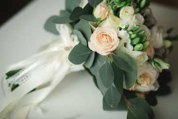 beautiful Wedding bouquet, wedding floristry. Stylish wedding bouquet bride. Close up. Side view. Wedding decor. Artwork.