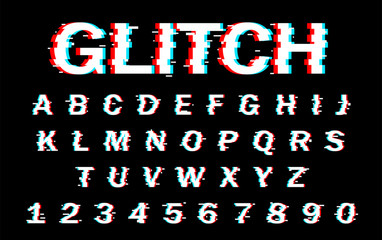 Vector distorted glitch font. Trendy style lettering typeface. Latin letters from A to Z and numbers from 0 to 9. Blue and red channels.