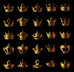 Gold Crowns Set - Set of gold crowns icons. Colors in gradients are global, so they can be changed easily. Each element is grouped individually for easy editing.