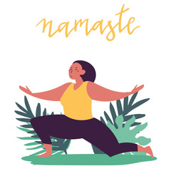 Hand drawn minimal vector illustration of cartoon woman character doing yoga asana pose outside in nature with backgroud of tropical leafs and plants.