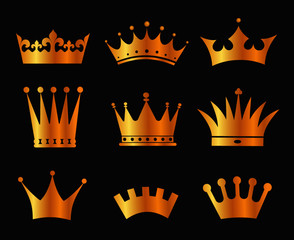 Gold Crowns Set - Set of gold crowns icons. Colors in gradients are global, so they can be changed easily. Each element is grouped individually for easy editing.