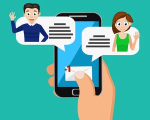 Correspondence in the smartphone of a man with women. Chat messages, phone in hand.