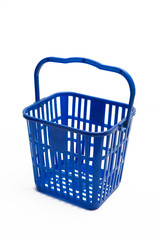 Blue plastic basket isolated on white background.