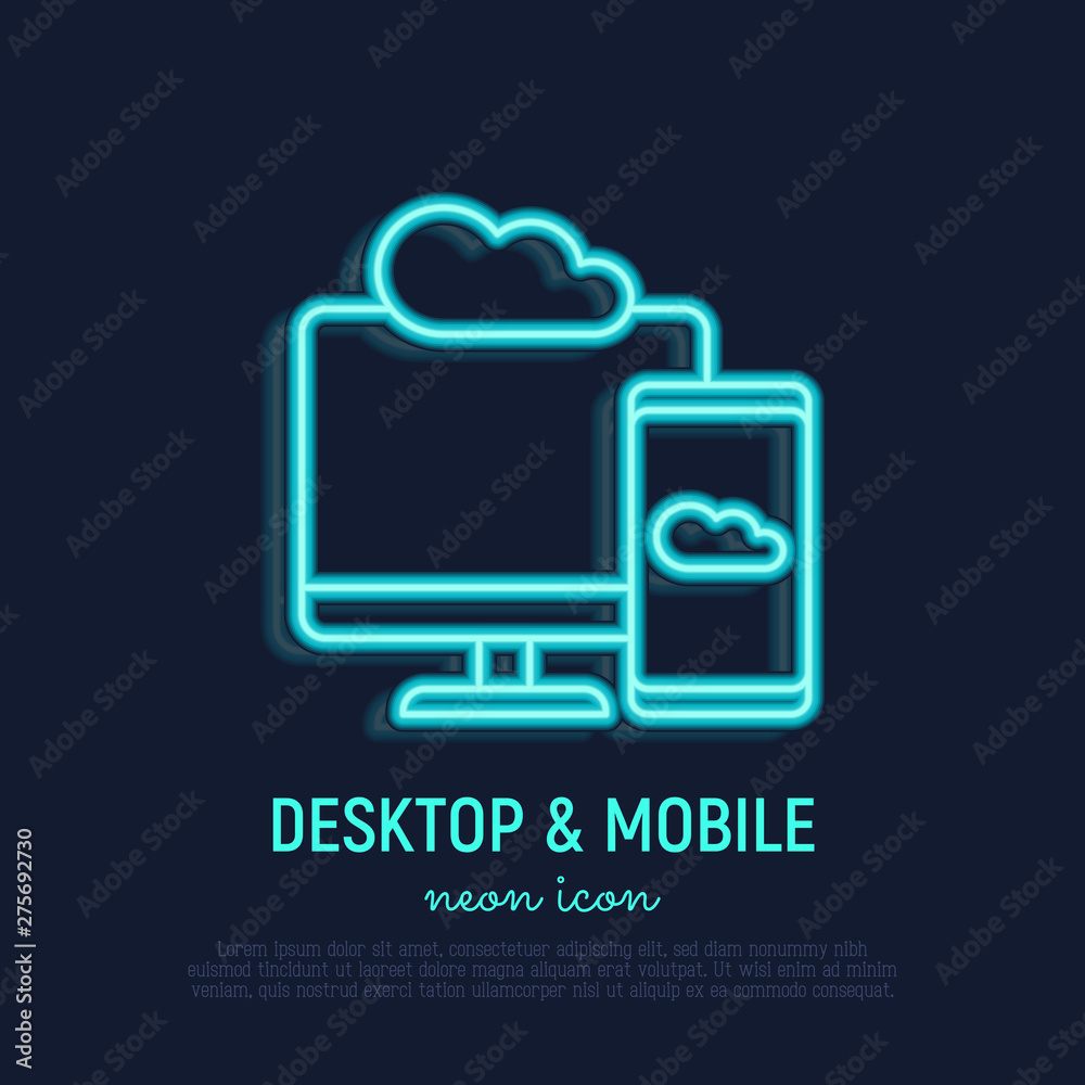 Wall mural cloud computing neon thin line icon: smartphone sync with desktop. modern vector illustration.