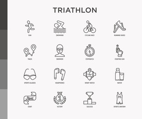 Triathlon thin line icons set: runner, swimmer, cycling race, stopwatch, starting, gun, sport glasses, start, victory, success. Modern vector illustration.