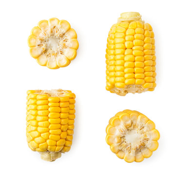 Set of pieces of corn on a white background, isolated. The view of the top.