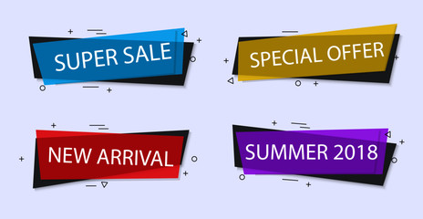 Set of trendy flat geometric vector banners. Vivid transparent banners in retro poster design style. Red and yellow colors.